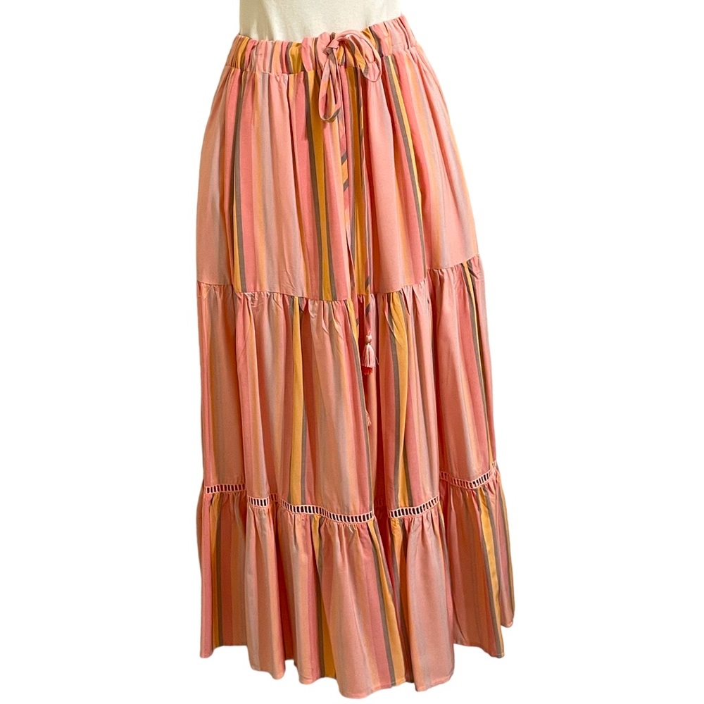 New MATILDA JANE Tiered Orange Pink Stripe Maxi Skirt Size Medium